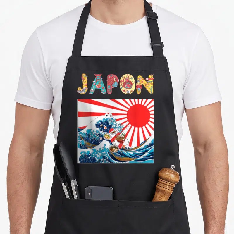 Tablier de cuisine noir avec illustration colorée du mot JAPON et d'une vague aux motifs de sushi japonais.