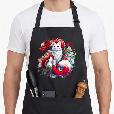 Tablier de cuisine noir avec illustration d'un dragon rouge et d'un renard blanc à neuf queues aux couleurs vives.