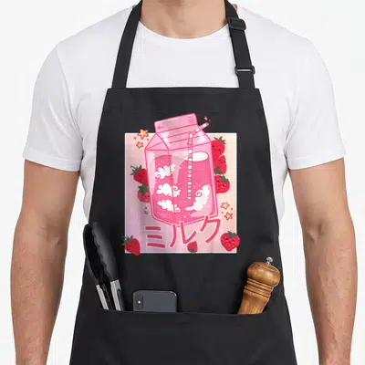 Tablier de cuisine noir avec carton de lait rose, fraies souriantes et texte japonais milku en bas du motif.