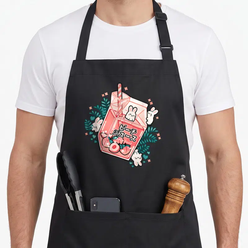 Tablier de cuisine noir avec illustration carton de jus de pêche rose, lapins blancs et feuilles vertes style kawaii.