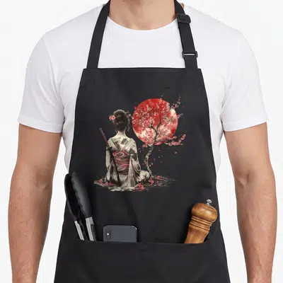 Tablier de cuisine noir avec illustration Geisha japonaise de dos, tatouages, katana et fleur de cerisier sous un soleil rouge.