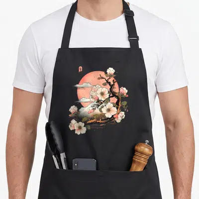 Tablier de cuisine noir avec illustration fleur de cerisier japonaise, soleil rose et nuages stylisés dans un style vintage.