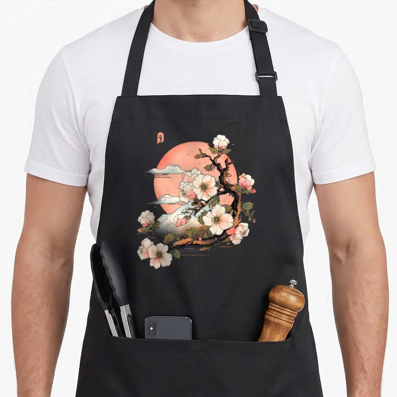 Tablier de cuisine noir avec illustration fleur de cerisier japonaise, soleil rose et nuages stylisés dans un style vintage.