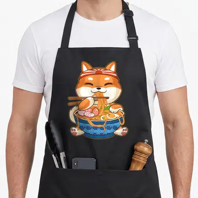 Tablier de cuisine noir avec illustration d'un Shiba Inu kawaii mangeant du ramen dans un bol bleu orné de motifs japonais.