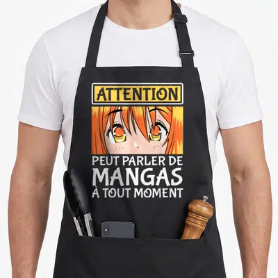Tablier de cuisine noir avec illustration d'yeux anime orange et texte blanc sur fond jaune et noir.