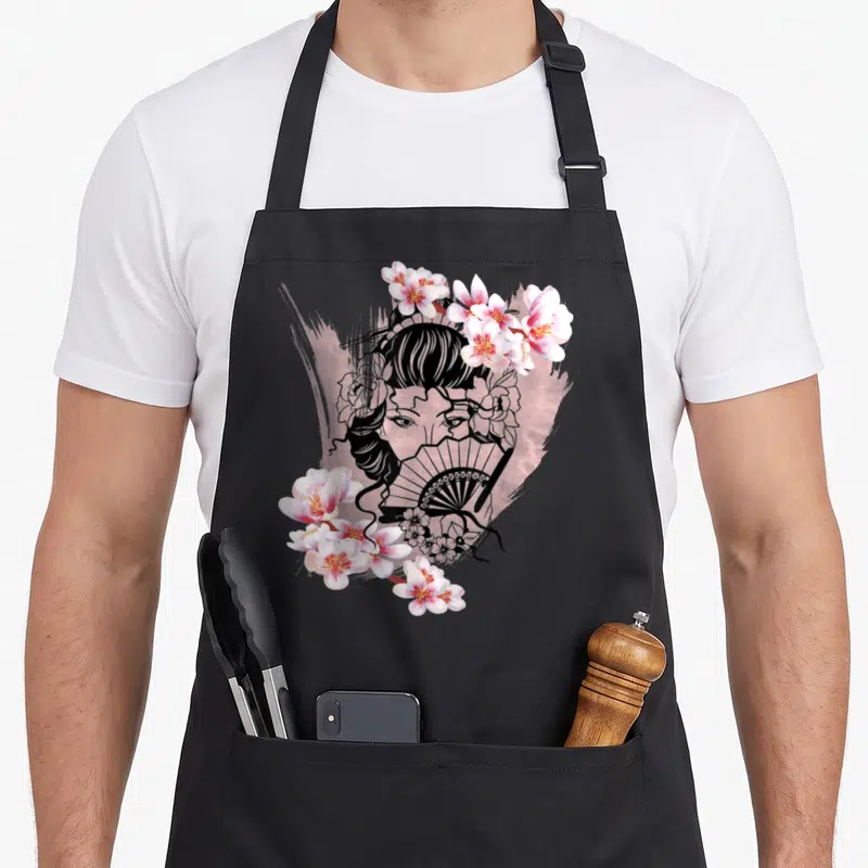 Tablier de cuisine noir avec illustration d'une Geisha japonaise tenant un éventail, encadrée par des fleurs de cerisier roses et blanches.