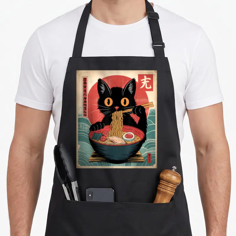 Tablier de cuisine noir avec illustration d'un chat noir mangeant des nouilles ramen au centre d'une grande bolée.