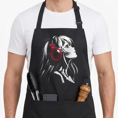 Tablier de cuisine noir avec illustration anime d'une fille aux cheveux blancs portant un casque rouge vif.