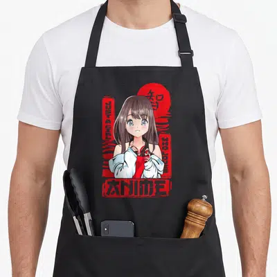 Tablier de cuisine noir avec une illustration de fille otaku aux cheveux bruns et casque rouge sur fond graphique rouge.