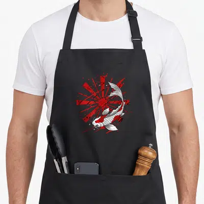 Tablier de cuisine noir avec illustration d'un poisson koi rouge et blanc sur fond de soleil rayonnant rouge.