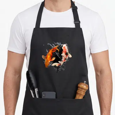 Tablier de cuisine noir avec deux carpes koï orange et blanches style tatouage japonais.