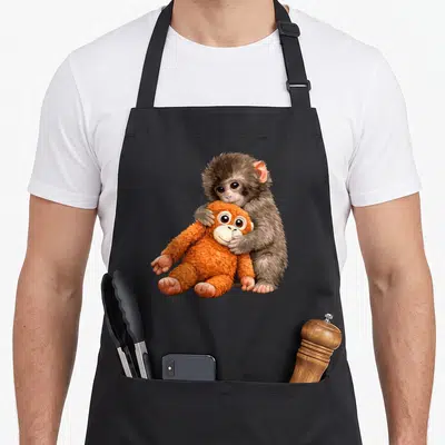 Tablier de cuisine noir avec illustration d'un bébé singe gris serrant une peluche orangée aux grands yeux.