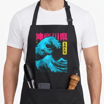 Tablier de cuisine noir avec reproduction stylisée de la Grande Vague de Hokusai et calligraphie japonaise rose et jaune.