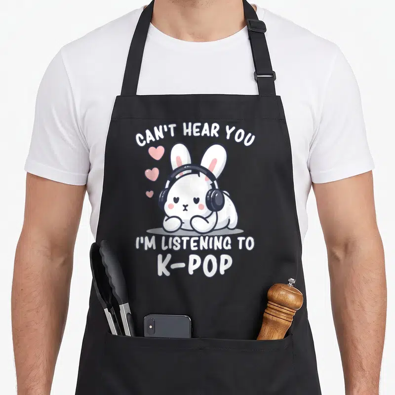 Tablier de cuisine noir avec un lapin blanc aux écouteurs et texte Can't hear you I'm listening to K-pop