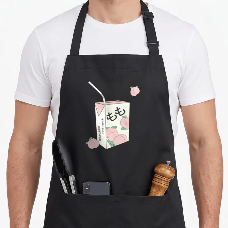 Tablier de cuisine noir avec illustration de carton de jus de pêche, péches roses et texte japonais en style kawaii.