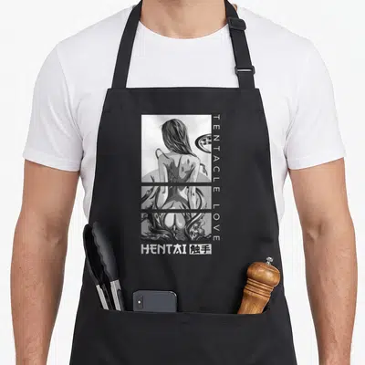 Tablier de cuisine noir avec illustration Hentai Tentacle Love style manga noir et blanc, dos de fille et tentacules.