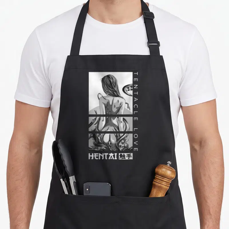Tablier de cuisine noir avec illustration Hentai Tentacle Love style manga noir et blanc, dos de fille et tentacules.