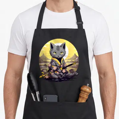 Tablier de cuisine noir avec illustration d'un chat gris samouraï ninja portant un kimono orné de fleurs de sakura devant un soleil jaune.
