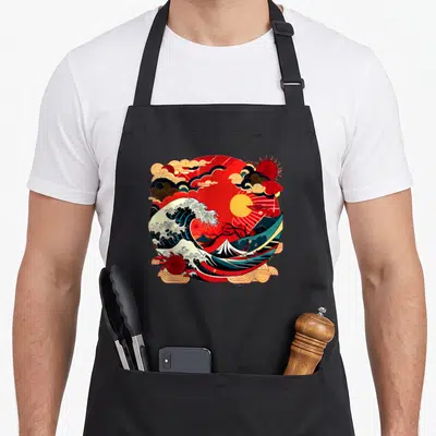Tablier de cuisine noir avec illustration colorée de mer, vagues et soleil dans un style art japonais.