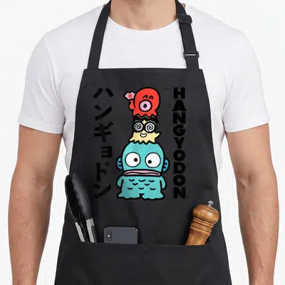Tablier de cuisine noir avec Hangyodon, un octopus rouge et des lettres HANGYODON verticales.