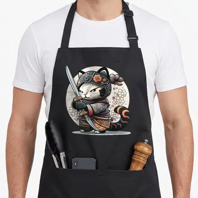 Tablier de cuisine noir avec un chat samouraï ninja kawaii orné de tatouages japonais et de fleurs de sakura.