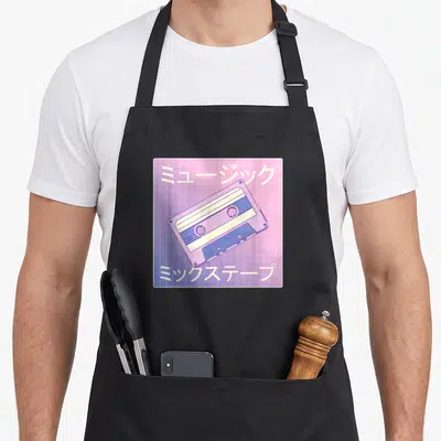 Tablier de cuisine noir avec illustration mixtape vaporwave japonaise années 80 sur fond rose et violet à grille géométrique.