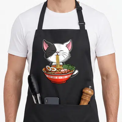 Tablier de cuisine noir avec illustration d'un chat mangeant des nouilles ramen dans un bol rouge orné de motifs géométriques.