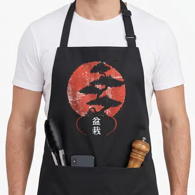 Tablier de cuisine noir avec illustration circulaire rouge d'un arbre bonsaï et deux caractères chinois blancs en dessous.