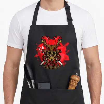 Tablier de cuisine noir avec illustration crâne de samouraï casque doré katana et caractères chinois sur fond rouge vif.