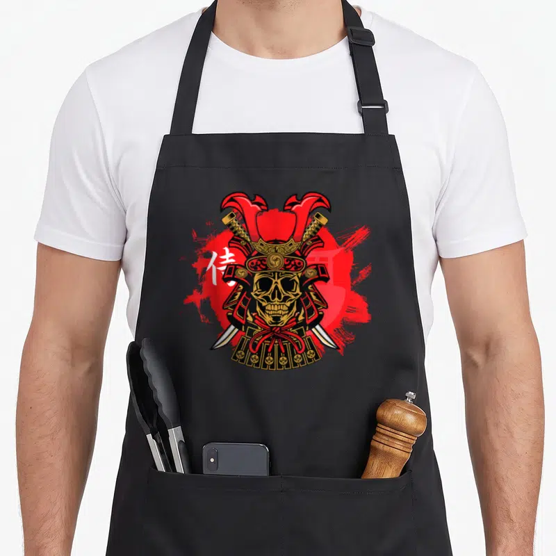Tablier de cuisine noir avec illustration crâne de samouraï casque doré katana et caractères chinois sur fond rouge vif.