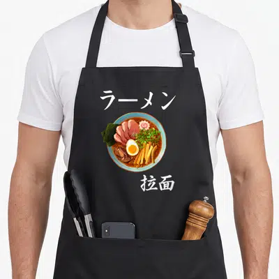 Tablier de cuisine noir avec illustration d'un bol de ramen et des caractères japonais blancs.