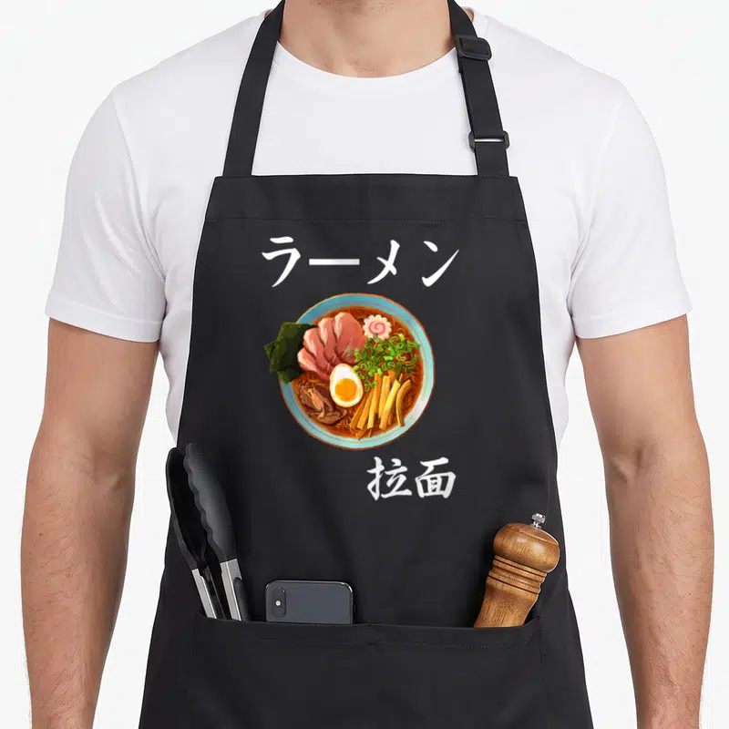 Tablier de cuisine noir avec illustration d'un bol de ramen et des caractères japonais blancs.