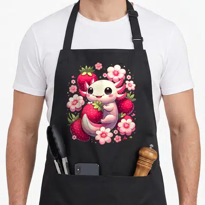 Tablier de cuisine noir avec un axolotl kawaii tenant une fraise entouré de fleurs roses et d'étoiles scintillantes.