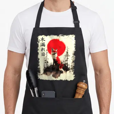 Tablier de cuisine noir avec illustration d'un renard japonais sous un grand cercle rouge et des silhouettes d'arbres.
