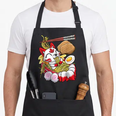 Tablier de cuisine noir avec un renard blanc et rouge mangeant des nouilles ramen entouré d'œuf et de pain grillé.