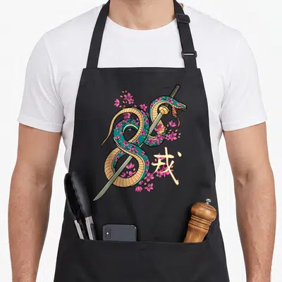 Tablier de cuisine noir avec un serpent vert et une katana traversant des fleurs de cerisier roses et un kanji jaune.