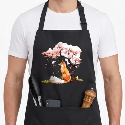 Tablier de cuisine noir avec illustration d'un renard orange assis sous un arbre aux fleurs roses et blanches.