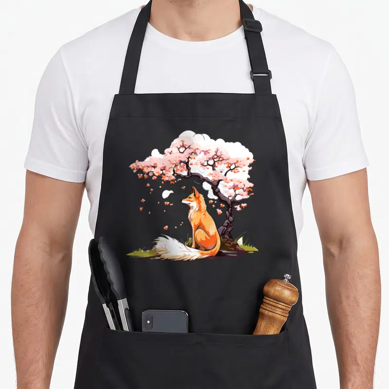 Tablier de cuisine noir avec illustration d'un renard orange assis sous un arbre aux fleurs roses et blanches.