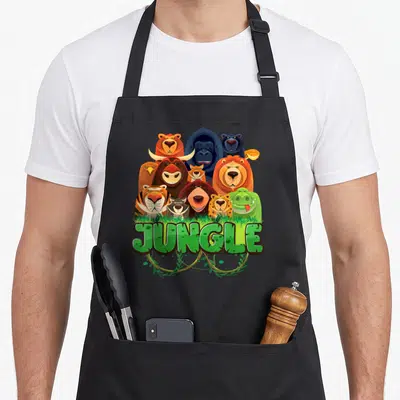 Tablier de cuisine noir avec illustration colorée d'animaux de la jungle et le mot JUNGLE en lettres vertes stylisées.