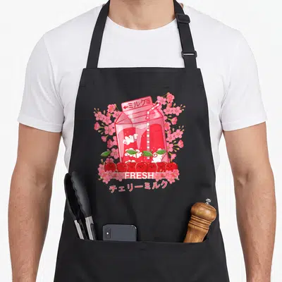 Tablier de cuisine noir avec carton de lait de cerise rose, sakuras et cerises mignonnes au design Kawaii.