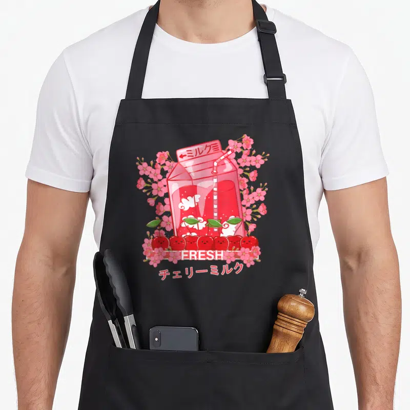 Tablier de cuisine noir avec carton de lait de cerise rose, sakuras et cerises mignonnes au design Kawaii.