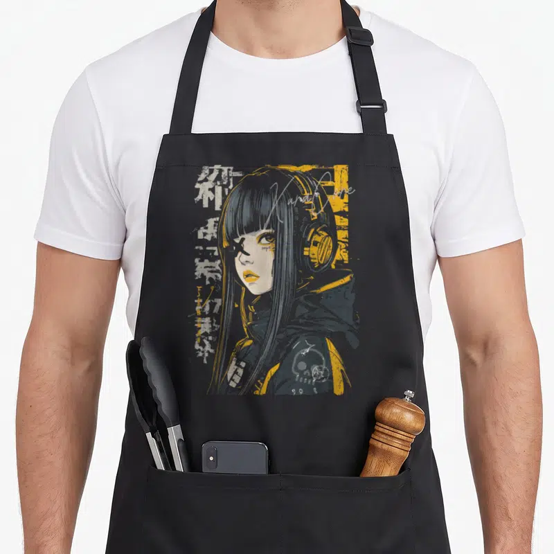 Tablier de cuisine noir avec une illustration cyberpunk d'une fille aux cheveux longs portant des écouteurs jaunes et gris.