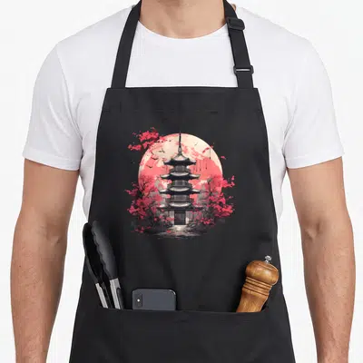 Tablier de cuisine noir avec illustration d'un temple japonais à plusieurs étages devant une lune rose et des branches de sakura roses.