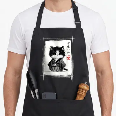 Tablier de cuisine noir avec illustration d'un chat samouraï en art sumi-e et caractères japonais.