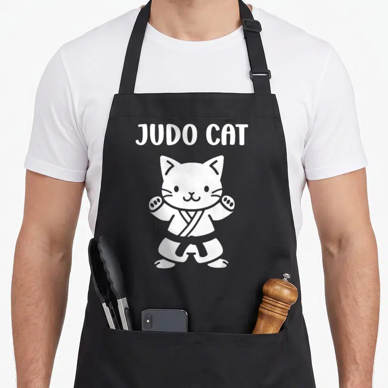 Tablier de cuisine noir avec illustration blanche d'un chat en kimono de judo et texte JUDO CAT