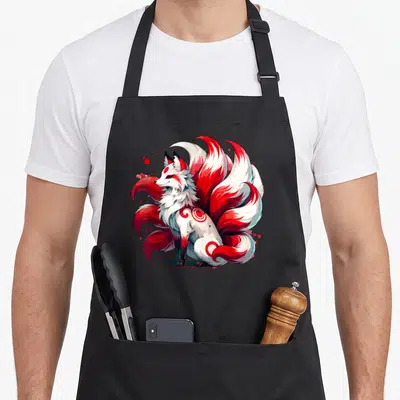 Tablier de cuisine noir avec illustration d'un fox blanc et rouge à nine tails
