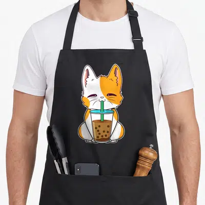 Tablier de cuisine noir avec illustration d'un chat bicolore buvant une boisson boba tea à la paille verte.