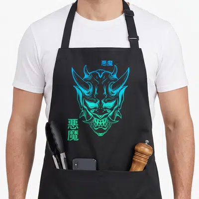 Tablier de cuisine noir avec un masque Hannya Oni stylisé en bleu cyan et des caractères japonais verts sur le devant.