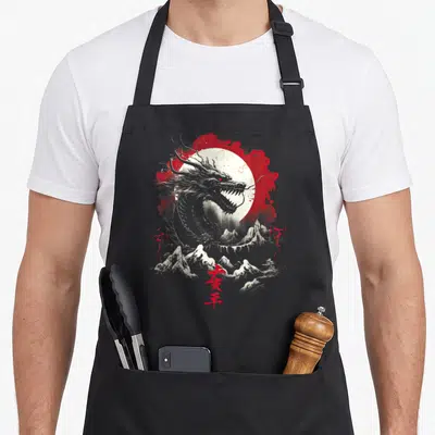 Tablier de cuisine noir avec illustration de dragon japonais, lune blanche et caractères rouges stylisés.