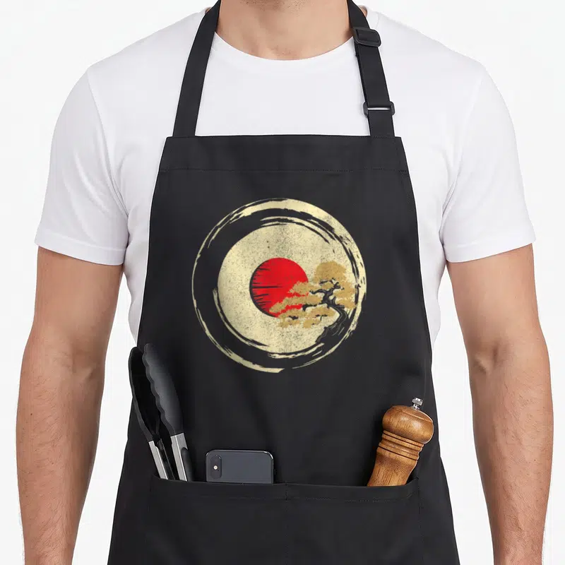 Tablier de cuisine noir avec illustration circulaire d'un soleil rouge et d'un bonsaï doré sur fond texturé beige.